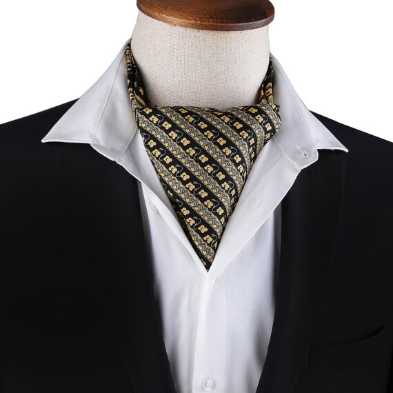 Black Gold Ethnic Ascot Cravat: Vintage Dapper Neck Scarf