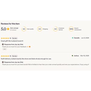 May include: A digital display of customer reviews for an item, showing a 5.0 average rating from two reviews. It includes metrics for item quality, shipping, and customer service, alongside two specific written reviews from Danielle and Joshua.