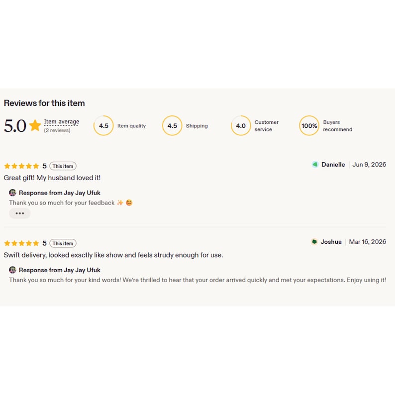May include: A digital display of customer reviews for an item, showing a 5.0 average rating from two reviews. It includes metrics for item quality, shipping, and customer service, alongside two specific written reviews from Danielle and Joshua.