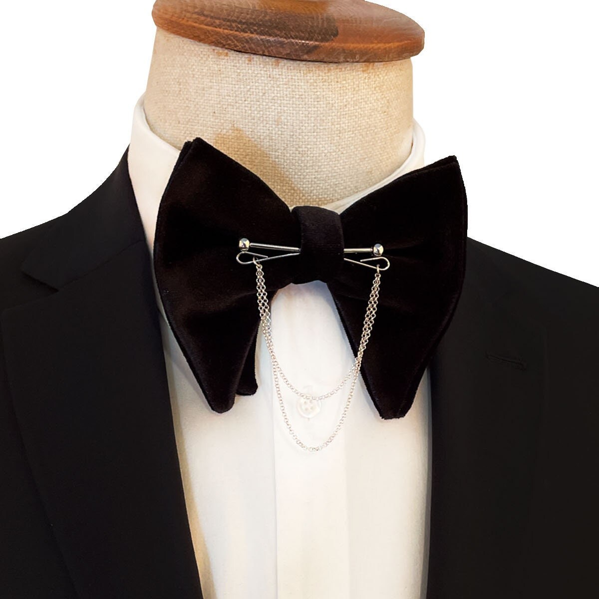 Black Velvet Bow Tie With Silver Collar Chain, Velvet Bowtie