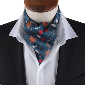 Elegante cravatta Ascot floreale verde acqua per uomo - Sciarpa con foglie autunnali, cravatta per sposo, accessorio vintage alla moda