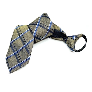 Gold Blue Plaid Zipper Tie – Pre-Tied Adjustable Necktie, Easy Wear, Business & Formal Attire, Classic Gift for Men, Zipper Pre-Tied Gift