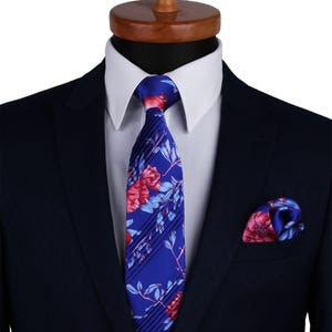 Luxury Floral Blue Silk Tie & Pocket Square: Handmade Italian Design
