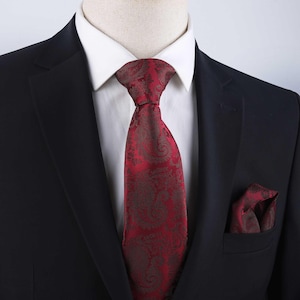 Burgundy Paisley Tie and Pocket Square Set - Classic Men&#39;s Necktie for Weddings, Business, and Formal Events - Perfect Gift for Him