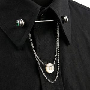 Silver Shirt Collar Bar with Chain: Green Gemstone Accent, Vintage Style