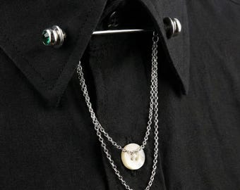 Silver Shirt Collar Bar with Chain: Green Gemstone Accent, Vintage Style