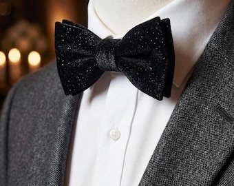 Zwarte Glitter Velvet Vlinderdas voor Heren, Luxe Strik voor Bruiloft, Gala, Smoking en Bruidegom Cadeau