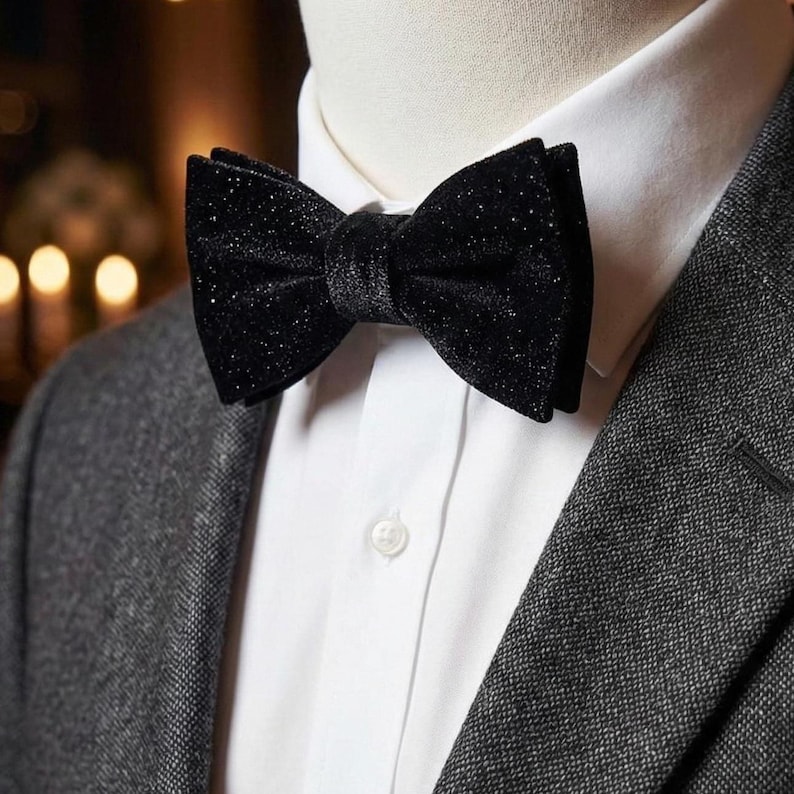 Black Glitter Velvet Bow Tie: Handmade Elegant Menswear