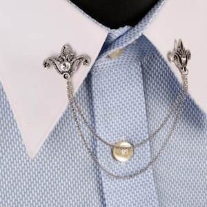 Handmade Silver Shirt Collar Chain Pin: Black Stone Wedding Accessory image 3