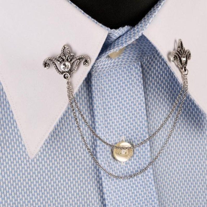 Handmade Silver Shirt Collar Chain Pin: Black Stone Wedding Accessory image 3
