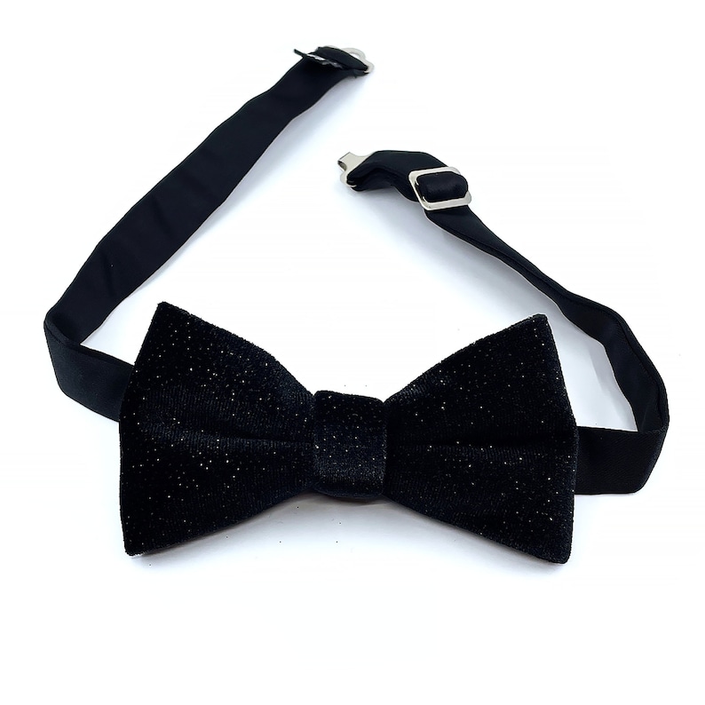 Glitter Black Velvet Bow Tie, Shimmer Wedding Bow Tie, Solid Black Bow Tie, Groomsmen Bowtie, Wedding Bowtie Black, Unique Bow Tie for Mens image 7
