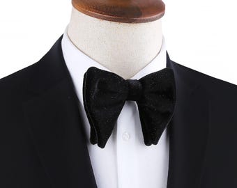 Black Velvet Glitter Bow Tie, Oversized Formal Tuxedo Accessory