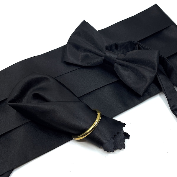 Black Satin Cummerbund Set, Bowtie Cummerbund Pocketsquare Set, Mens Wedding Bowtie Set, Groomsmen Black Wedding Set, Solid Cummerbunds Gift