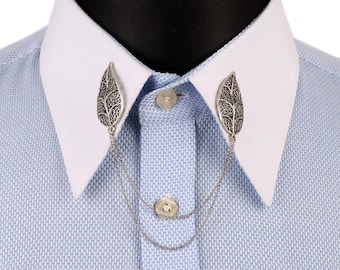 Silver Leaf Collar Pin Chain: Handmade Mens Accessory