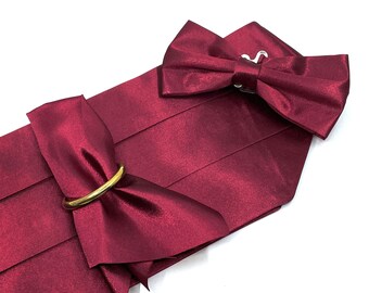 Burgundy Solid Cummerbund Bow Tie Set | Mens Wedding Bowtie | Groomsmen Set Bowtie Cummerbund Pocketsquare | Gift for Grooms | Cummerbunds