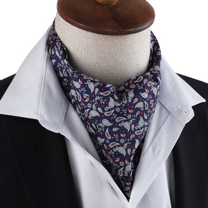 Mens Blue Ascot Cravat, Printed Satin Ascot for Men, Dark Blue Mens Motif Printed Ascot, Floral Ascot for Men, Blue Mens Ascot, Gift for Him