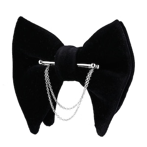 Handmade Black Velvet Bow Tie: Silver Collar Chain, Wedding Groom Accessory