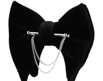 Nœud papillon en velours noir avec chaîne de col argentée, Nœud papillon en velours noir uni, Cadeau pour homme, Cadeau de mariage, Cadeau pour le marié, Nœud papillon pour le marié