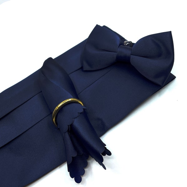 Navy Cummerbund Set, Cummerbund Bow Tie Sets, Solid Navy Bow Tie Cummerbund for Grooms, Mens Wedding Cummerbund Set, Cummerbund Bow Ties