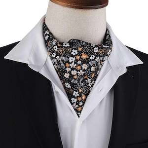 Zwarte ascot herendoek, bedrukte satijnen ascot voor heren, heren bloemenbedrukte ascot, zwarte ascot heren, zwarte heren ascot, bloemen zwarte ascot
