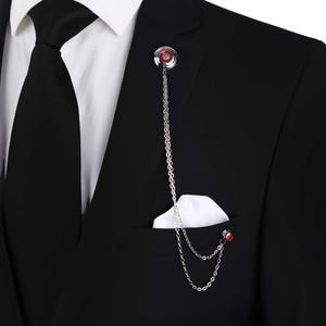 Red Gem Lapel Pin Chain for Men, Double Chain Brooch for Suit, Elegant Silver Tuxedo Pin, Stylish Wedding Accessory, Groomsmen Wedding Pin
