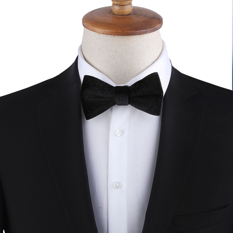 Glitter Black Velvet Bow Tie, Shimmer Wedding Bow Tie, Solid Black Bow Tie, Groomsmen Bowtie, Wedding Bowtie Black, Unique Bow Tie for Mens image 6