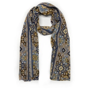 Blue & Beige Floral Wool Scarf - 100% Italian Made, Luxurious Men&#39;s Accessory for Elegant Style, Perfect Gift Idea