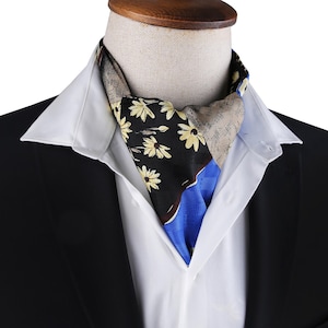 Vintage Floral Paisley Ascot Cravat for Men - Elegant Blue & Yellow Neck Scarf - Silky Retro Style Formal Accessory Gift - Handmade Gifts
