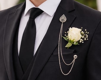 Handgemachte Silber Revers Kette Brosche: Schwarzer Edelstein Tear-Drop Suit Pin
