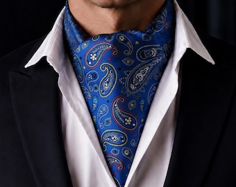 Blauwe paisley-ascot-stropdas voor heren, luxe bruiloftsdas, vintage formele herenstropdas