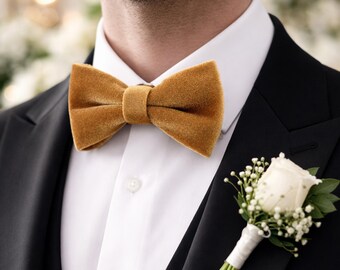 Champagne Velvet Bow Tie, Gold Wedding Formal Accessory, Handmade Adjustable Neck Tie