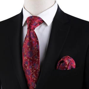 Luxury Burgundy Floral Tie & Pocket Square Set | 8cm Wide Microfiber Necktie for Weddings, Business - Formal Events | Gift for Him