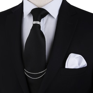 Unique Groomsmen Gift – Silver Double Chain & Crystal Tie Ring, Elegant Men’s Wedding - Formal Accessory