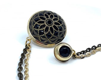 Vintage Lapel Pin for Men - Double Chain Brooch - Elegant Steampunk Suit Accessory - Gothic Gold Black Jacket Pin - Wedding & Gift for Him