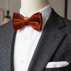 Burnt Orange Velvet Bow Tie for Men, Fall Wedding Groom Bowtie, Rustic Formal Accessory