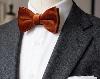 Burnt Orange Velvet Bow Tie for Men, Wedding Groom Bowtie, Rustic Formal Accessory