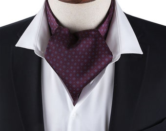 Herren Burgunder Ascot Krawatte, Bedruckter Satin Ascot für Männer, Herren Motiv bedruckter Ascot, Blumen Ascot für Männer, Burgunder Herren Ascot, Geschenk für Ihn