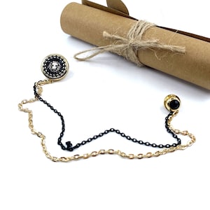 Gold and Black Lapel Pin with Double Chain - Elegant Suit Accessory for Men - Formal Jacket Decoration for Weddings and Events