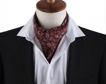 Burgundy Ascot Cravat, Printed Wine Color Satin Ascot for Men, Mens Paisley Printed Ascot, Ascot for Men, Claret Red Mens Ascot, Mens Gift