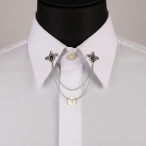 Handmade Silver Shirt Collar Chain Pin: Black Stone Wedding Accessory