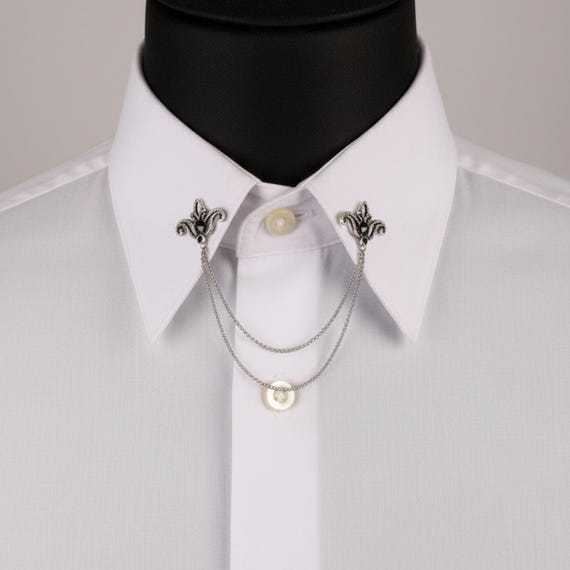 Handmade Silver Shirt Collar Chain Pin: Black Stone Wedding Accessory