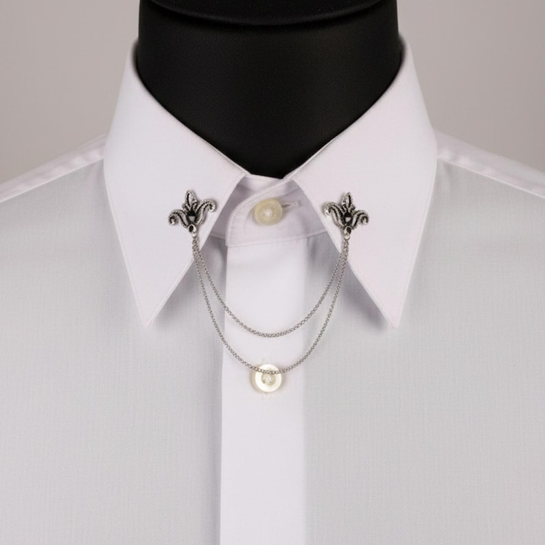 Handmade Silver Shirt Collar Chain Pin: Black Stone Wedding Accessory image 1