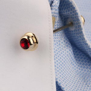 May include: A gold-toned metal collar bar featuring a round, faceted red gemstone at each end. The accessory is attached to a crisp white shirt collar, which is layered over a light blue shirt with a small, repeating geometric grid pattern.