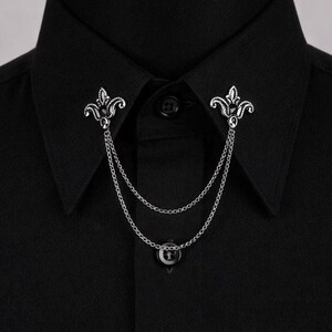 Handmade Silver Shirt Collar Chain Pin: Black Stone Wedding Accessory
