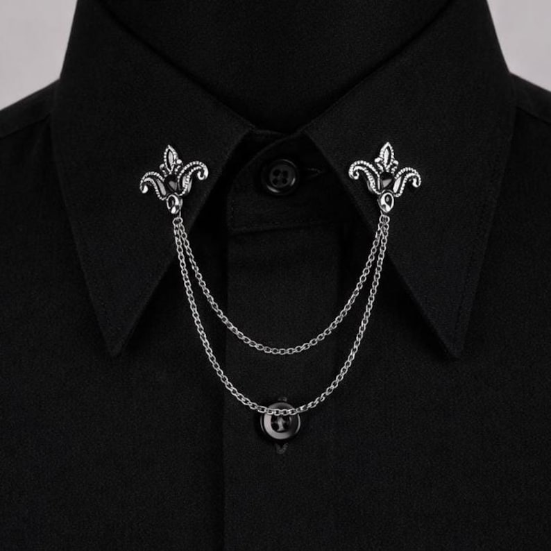 Handmade Silver Shirt Collar Chain Pin: Black Stone Wedding Accessory