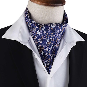 Mens Blue Ascot Cravat, Printed Satin Ascot for Men, Mens Floral Printed Ascot, Floral Ascot for Men, Blue Mens Ascot, Mens Floral Ascot
