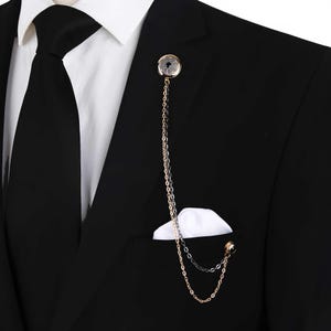 Gold & Schwarz Revers Pin Kette, Anzug Kragen Pin, Doppel Ketten Brosche, Hochzeitsgeschenk für Ihn, Bräutigam Accessoire, Eleganter Herren Schmuck