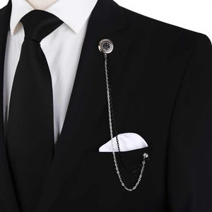 Luxury Black Stone Lapel Pin Chain for Men – Silver & Black Double Chain Brooch, Elegant Suit Accessory, Wedding - Formal Gift for Men