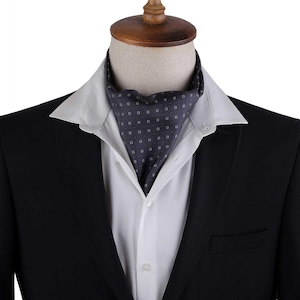 Charcoal Grey Silk Ascot Cravat for Men – Elegant Italian Geometric Pattern Cravat – Formal Wedding Scarf & Gift for Gentlemen - Silk Ascot