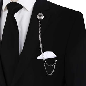 Elegant Silver Lapel Pin with Black Crystal & Double Chain | Men&#39;s Suit Accessory | Stylish Brooch for Weddings - Formal Events Lapel Pin